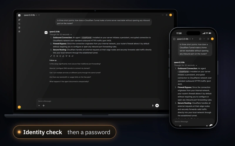Open WebUI on a laptop and on a phone, the local Qwen model answering how a Cloudflare Tunnel reaches a home server without opening an inbound port.
