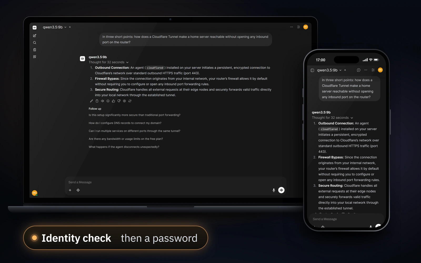 Open WebUI on a laptop and on a phone, the local Qwen model answering how a Cloudflare Tunnel reaches a home server without opening an inbound port.